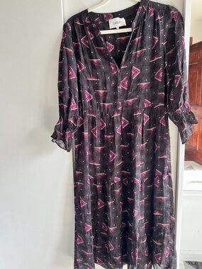 ba&sh Black Midi Dress with Brown Pink Geometric Motif
